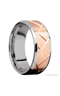 8 mm wide/Beveled/14K White Gold band with one 6 mm Centered inlay of 14K Rose Gold with a machined Flatweave pattern.