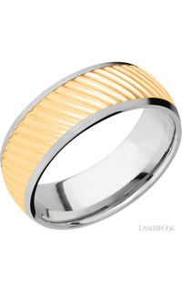 8 mm wide/Domed/14K White Gold band with one 6 mm Centered inlay of 14K Yellow Gold with a machined Ripple pattern.