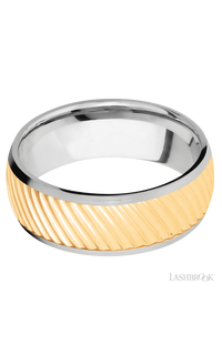8 mm wide/Domed/14K White Gold band with one 6 mm Centered inlay of 14K Yellow Gold with a machined Ripple pattern.