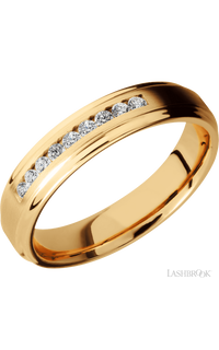 5 mm wide/Flat Grooved Edges/14K Yellow Gold band with an  arrangement of 9, .03 carat Round Diamond stones in a Channel setting.