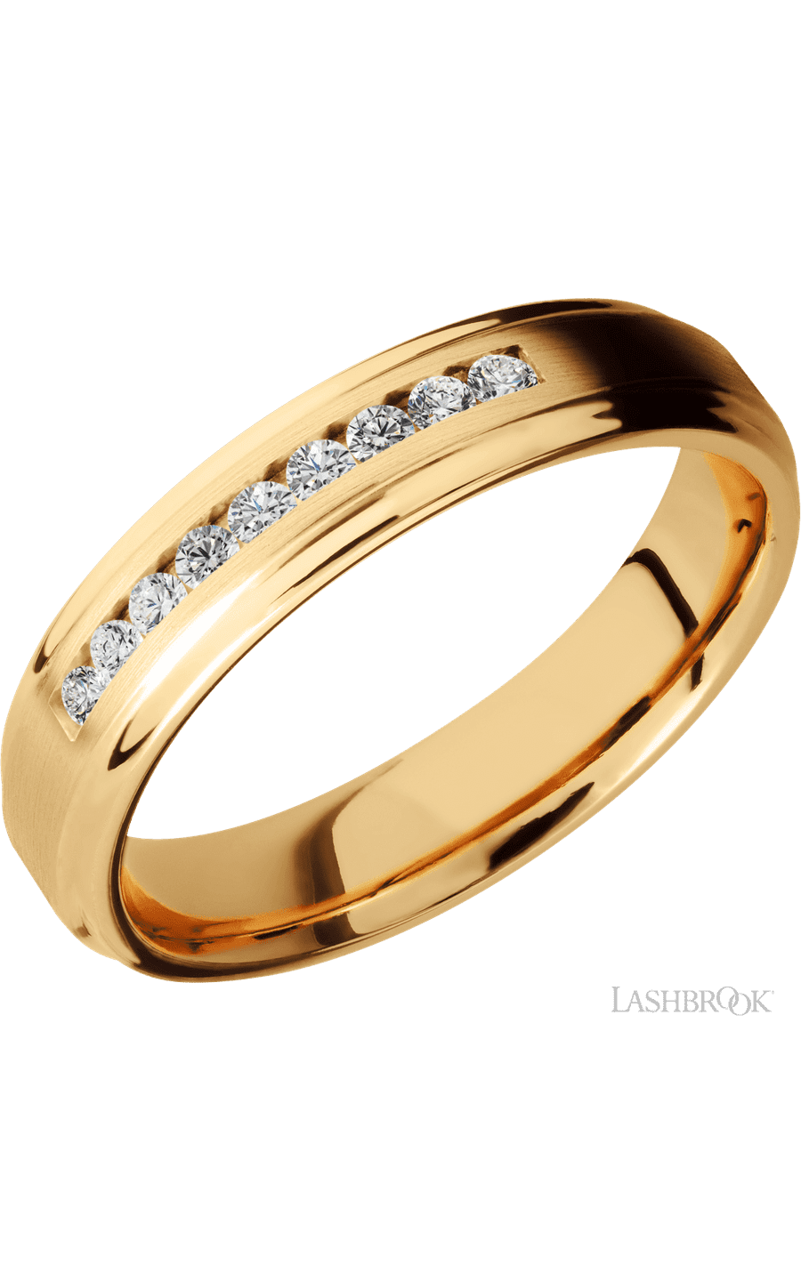 5 mm wide/Flat Grooved Edges/14K Yellow Gold band with an  arrangement of 9, .03 carat Round Diamond stones in a Channel setting.