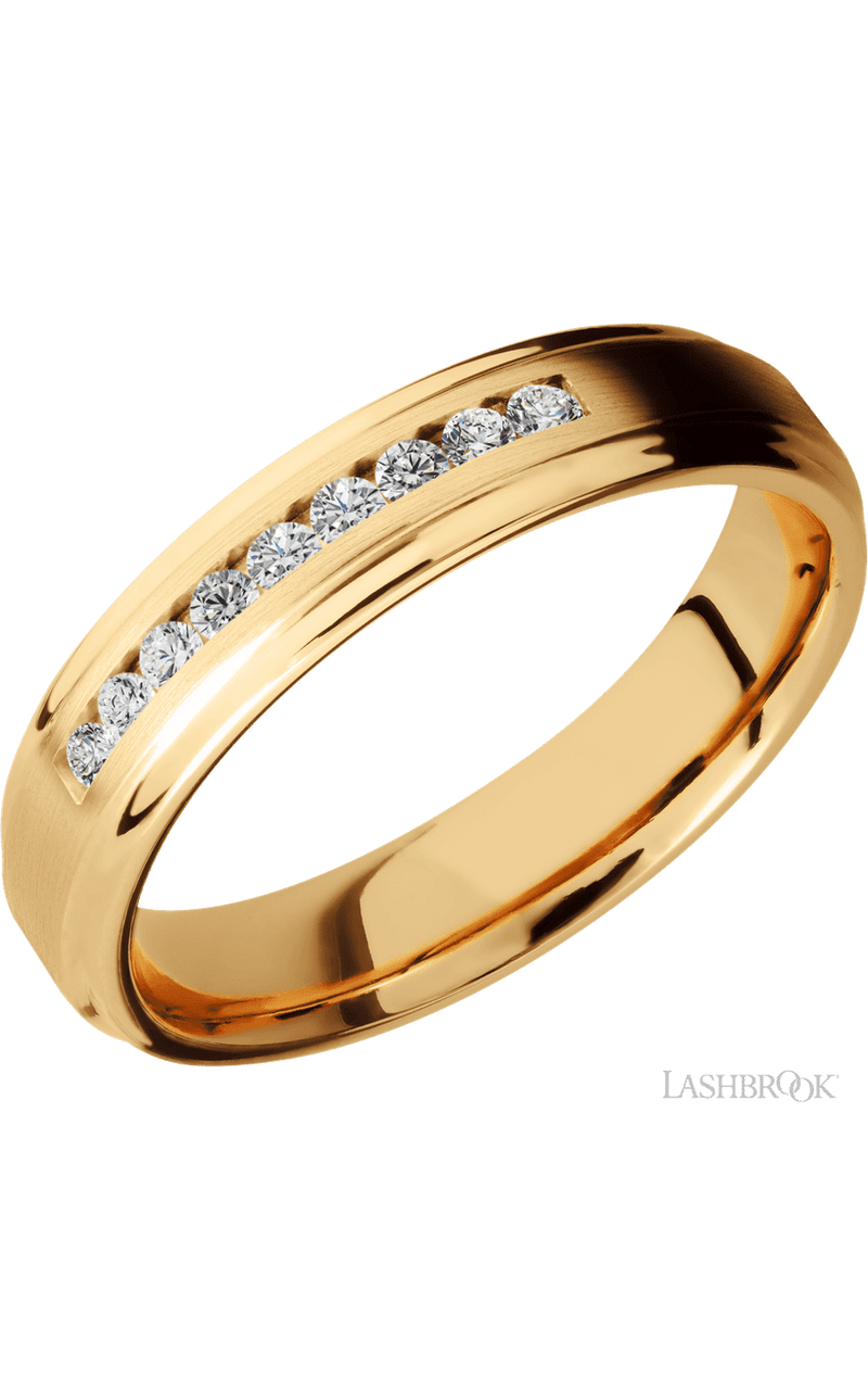 5 mm wide/Flat Grooved Edges/14K Yellow Gold band with an  arrangement of 9, .03 carat Round Diamond stones in a Channel setting. - NAGI