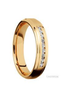 5 mm wide/Flat Grooved Edges/14K Yellow Gold band with an  arrangement of 9, .03 carat Round Diamond stones in a Channel setting.