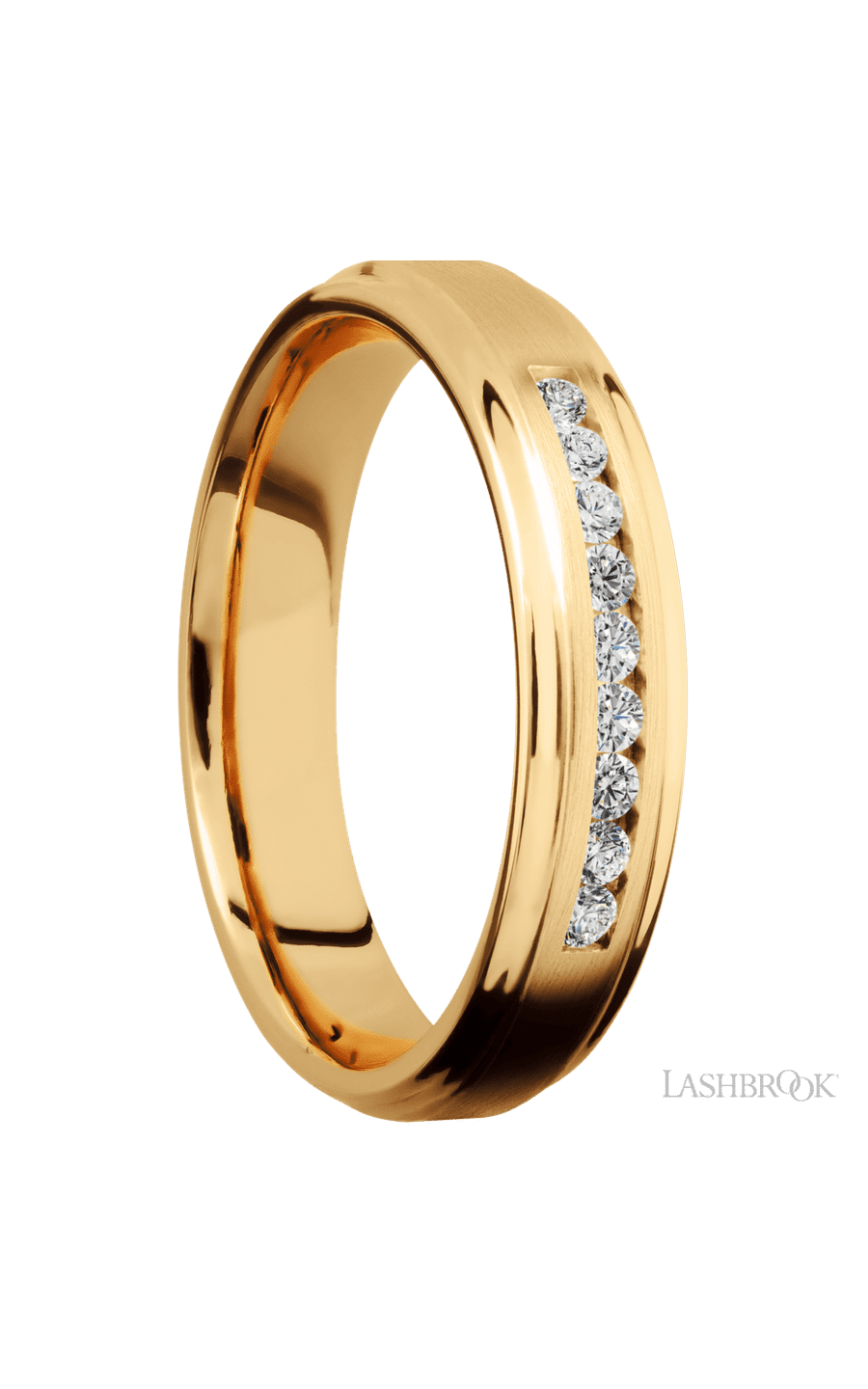 5 mm wide/Flat Grooved Edges/14K Yellow Gold band with an  arrangement of 9, .03 carat Round Diamond stones in a Channel setting. - NAGI