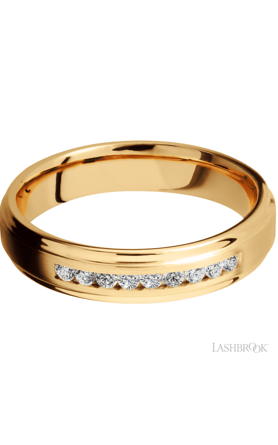 5 mm wide/Flat Grooved Edges/14K Yellow Gold band with an  arrangement of 9, .03 carat Round Diamond stones in a Channel setting. - NAGI