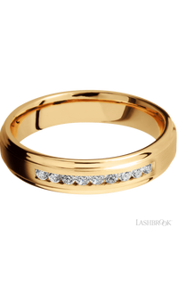 5 mm wide/Flat Grooved Edges/14K Yellow Gold band with an  arrangement of 9, .03 carat Round Diamond stones in a Channel setting.