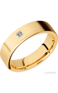6 mm wide/Flat/14K Yellow Gold band with an  arrangement of 1, .1 carat Princess Diamond stones in a Flush setting.