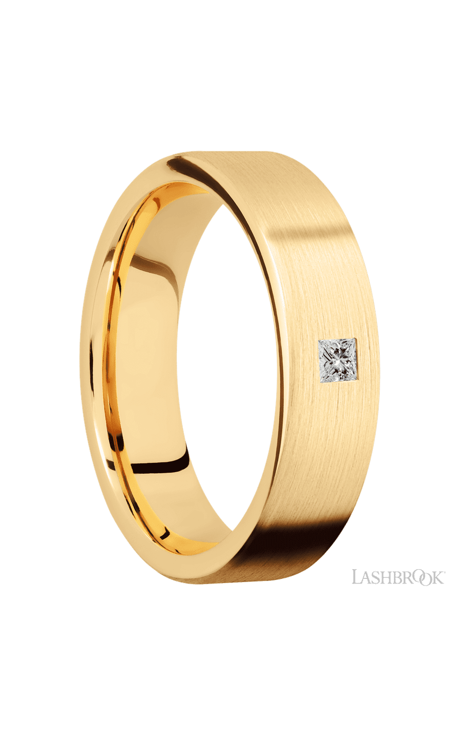 6 mm wide/Flat/14K Yellow Gold band with an  arrangement of 1, .1 carat Princess Diamond stones in a Flush setting.