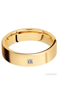 6 mm wide/Flat/14K Yellow Gold band with an  arrangement of 1, .1 carat Princess Diamond stones in a Flush setting.