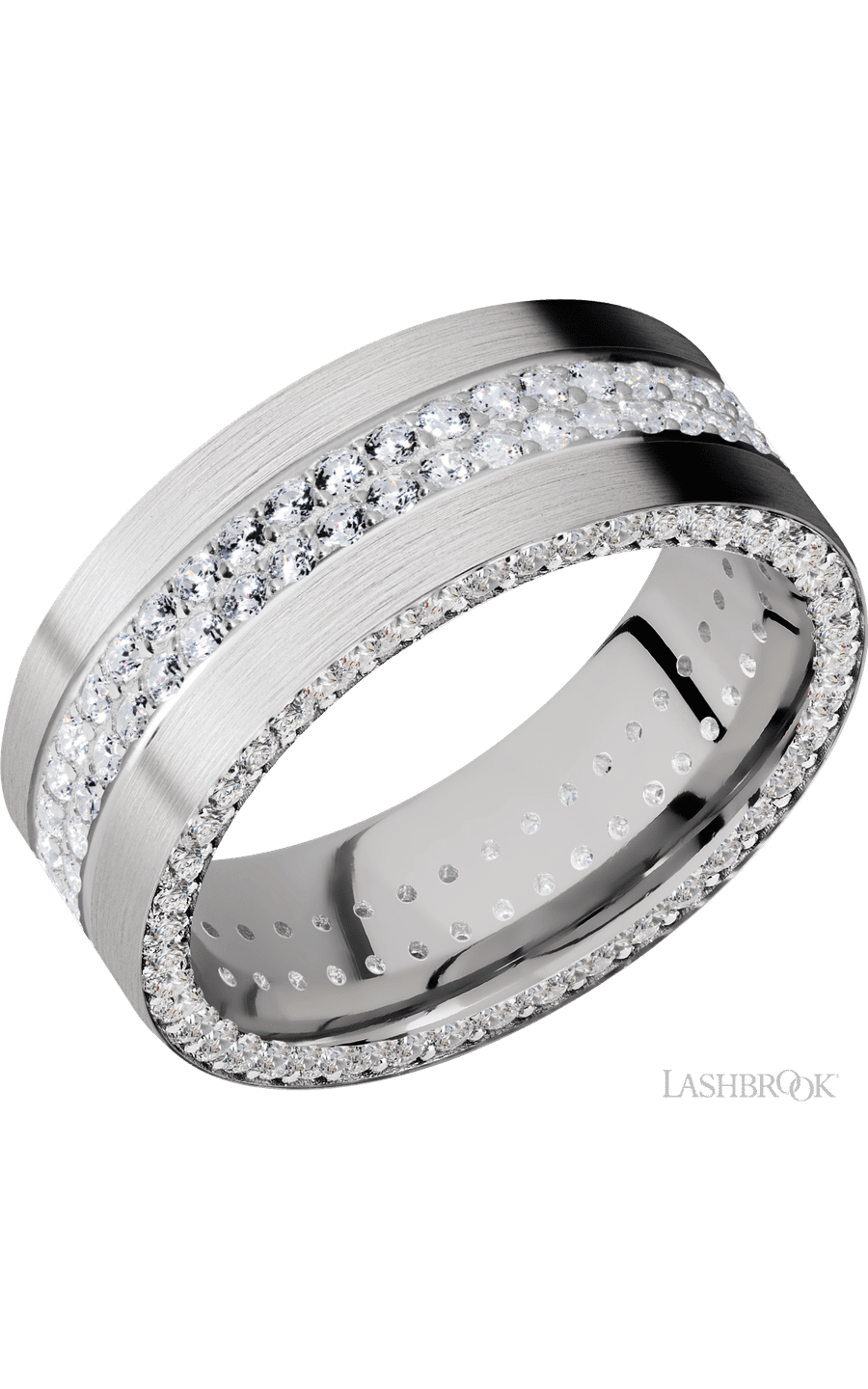 8 mm wide/Flat/14K White Gold band with a Side Eternity arrangement of .01 carat Round Diamond stones in a Bead Channel setting and featuring a a 2 Row Eternity arrangement of .015 carat Round Diamond stones in a Bead Channel setting