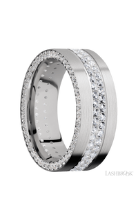 8 mm wide/Flat/14K White Gold band with a Side Eternity arrangement of .01 carat Round Diamond stones in a Bead Channel setting and featuring a a 2 Row Eternity arrangement of .015 carat Round Diamond stones in a Bead Channel setting