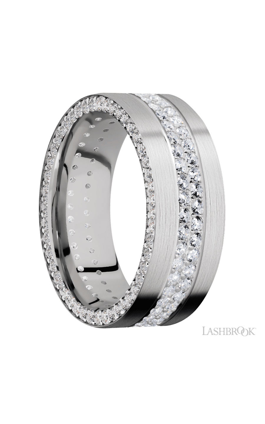 8 mm wide/Flat/14K White Gold band with a Side Eternity arrangement of .01 carat Round Diamond stones in a Bead Channel setting and featuring a a 2 Row Eternity arrangement of .015 carat Round Diamond stones in a Bead Channel setting