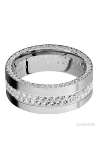 8 mm wide/Flat/14K White Gold band with a Side Eternity arrangement of .01 carat Round Diamond stones in a Bead Channel setting and featuring a a 2 Row Eternity arrangement of .015 carat Round Diamond stones in a Bead Channel setting