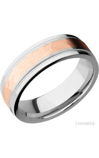 7 mm wide/Flat Stepped Edges Milgrain/Cobalt Chrome band with one 3 mm Centered inlay of 14K Rose Gold.