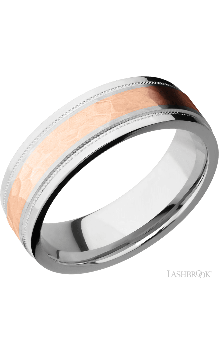 7 mm wide/Flat Stepped Edges Milgrain/Cobalt Chrome band with one 3 mm Centered inlay of 14K Rose Gold. - NAGI