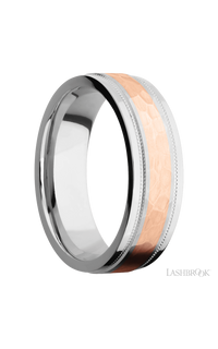 7 mm wide/Flat Stepped Edges Milgrain/Cobalt Chrome band with one 3 mm Centered inlay of 14K Rose Gold.