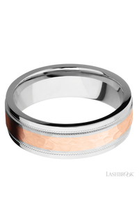 7 mm wide/Flat Stepped Edges Milgrain/Cobalt Chrome band with one 3 mm Centered inlay of 14K Rose Gold.