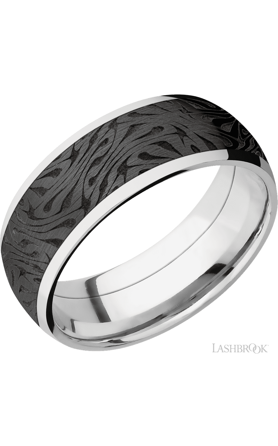 8 mm wide/Domed/Cobalt Chrome band with one 6 mm Centered inlay of Zirconium with a laser carved Escher 1 pattern. - NAGI