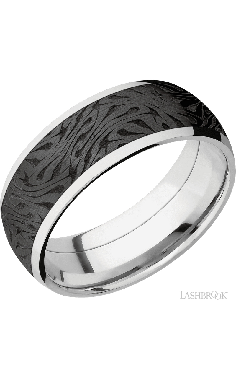 8 mm wide/Domed/Cobalt Chrome band with one 6 mm Centered inlay of Zirconium with a laser carved Escher 1 pattern. - NAGI