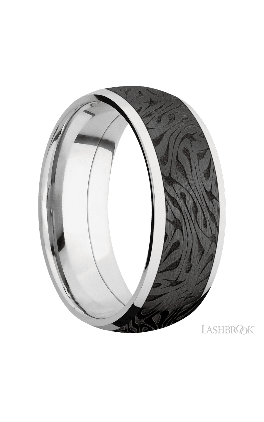 8 mm wide/Domed/Cobalt Chrome band with one 6 mm Centered inlay of Zirconium with a laser carved Escher 1 pattern. - NAGI