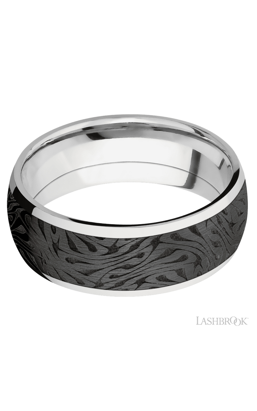 8 mm wide/Domed/Cobalt Chrome band with one 6 mm Centered inlay of Zirconium with a laser carved Escher 1 pattern. - NAGI