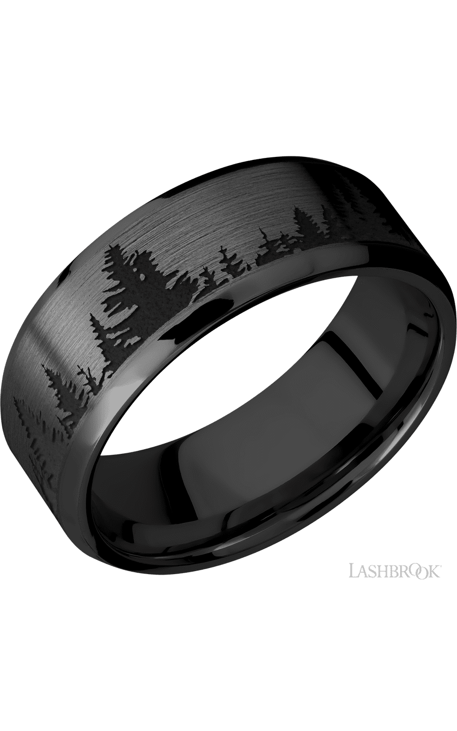 8 mm wide/Beveled/Zirconium band with a laser carved Trees pattern. - NAGI
