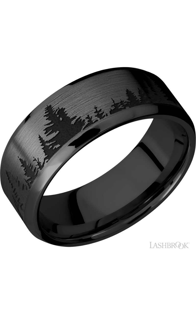8 mm wide/Beveled/Zirconium band with a laser carved Trees pattern. - NAGI