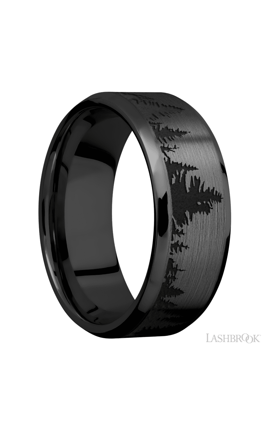 8 mm wide/Beveled/Zirconium band with a laser carved Trees pattern. - NAGI