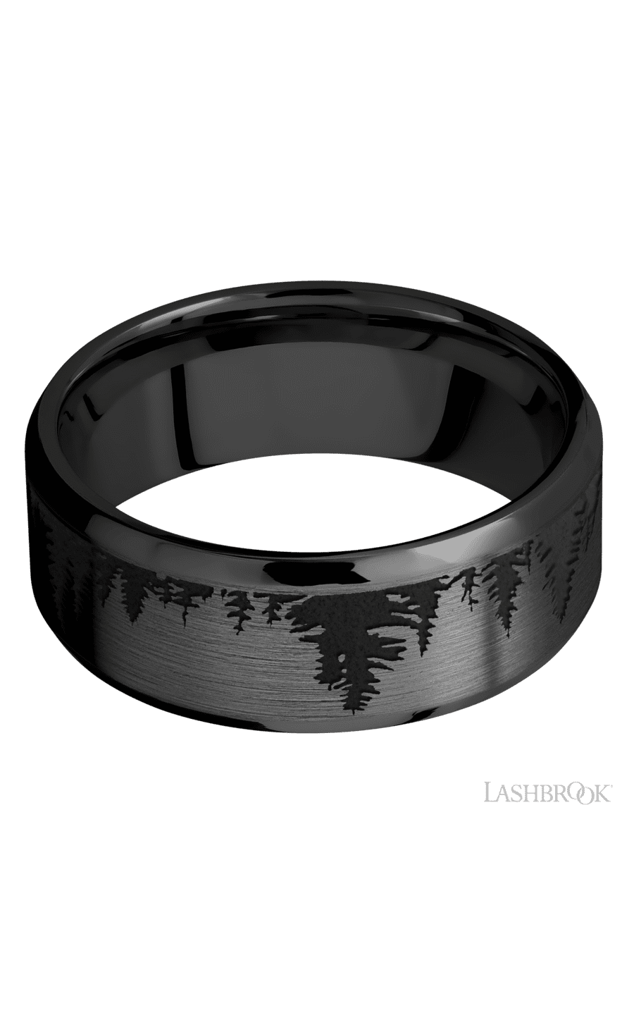 8 mm wide/Beveled/Zirconium band with a laser carved Trees pattern. - NAGI