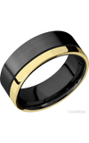 8 mm wide/Flat/Zirconium band with one 2 mm Off Center Edge inlay of 14K Yellow Gold.