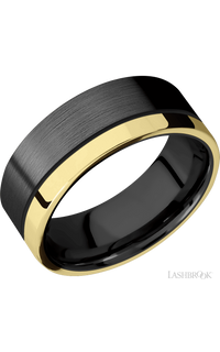 8 mm wide/Flat/Zirconium band with one 2 mm Off Center Edge inlay of 14K Yellow Gold.