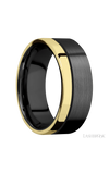 8 mm wide/Flat/Zirconium band with one 2 mm Off Center Edge inlay of 14K Yellow Gold.