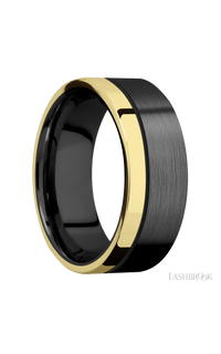 8 mm wide/Flat/Zirconium band with one 2 mm Off Center Edge inlay of 14K Yellow Gold.