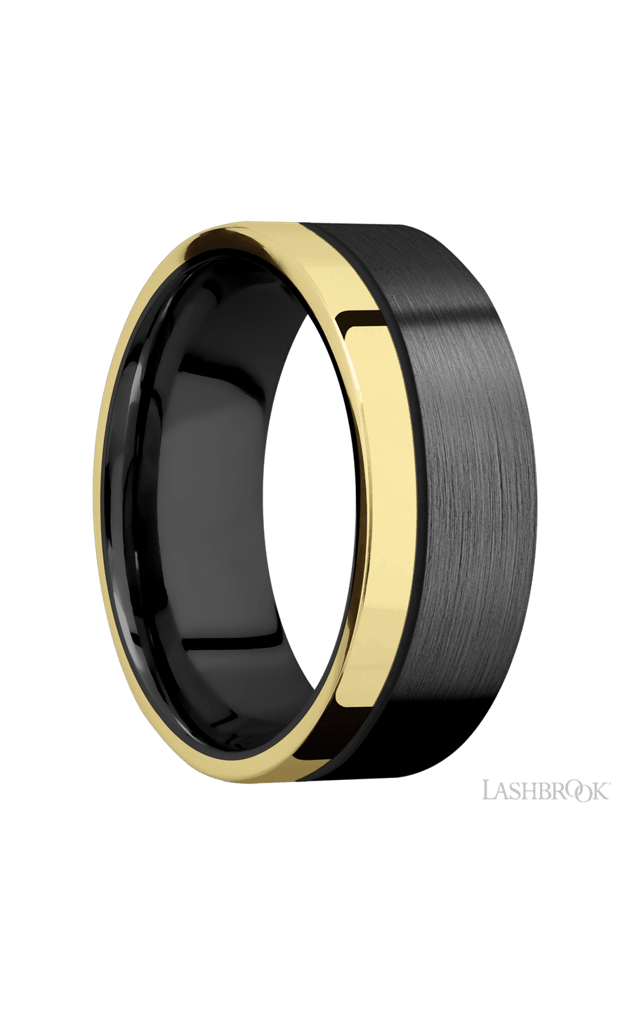8 mm wide/Flat/Zirconium band with one 2 mm Off Center Edge inlay of 14K Yellow Gold.