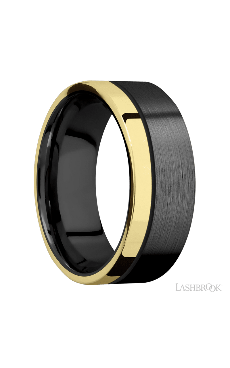 8 mm wide/Flat/Zirconium band with one 2 mm Off Center Edge inlay of 14K Yellow Gold.