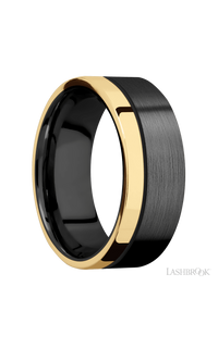 8 mm wide/Flat/Zirconium band with one 2 mm Off Center Edge inlay of 14K Yellow Gold.
