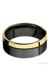 8 mm wide/Flat/Zirconium band with one 2 mm Off Center Edge inlay of 14K Yellow Gold.