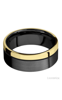 8 mm wide/Flat/Zirconium band with one 2 mm Off Center Edge inlay of 14K Yellow Gold.