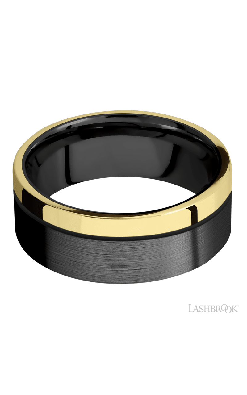 8 mm wide/Flat/Zirconium band with one 2 mm Off Center Edge inlay of 14K Yellow Gold.