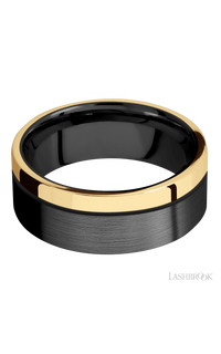 8 mm wide/Flat/Zirconium band with one 2 mm Off Center Edge inlay of 14K Yellow Gold. - NAGI
