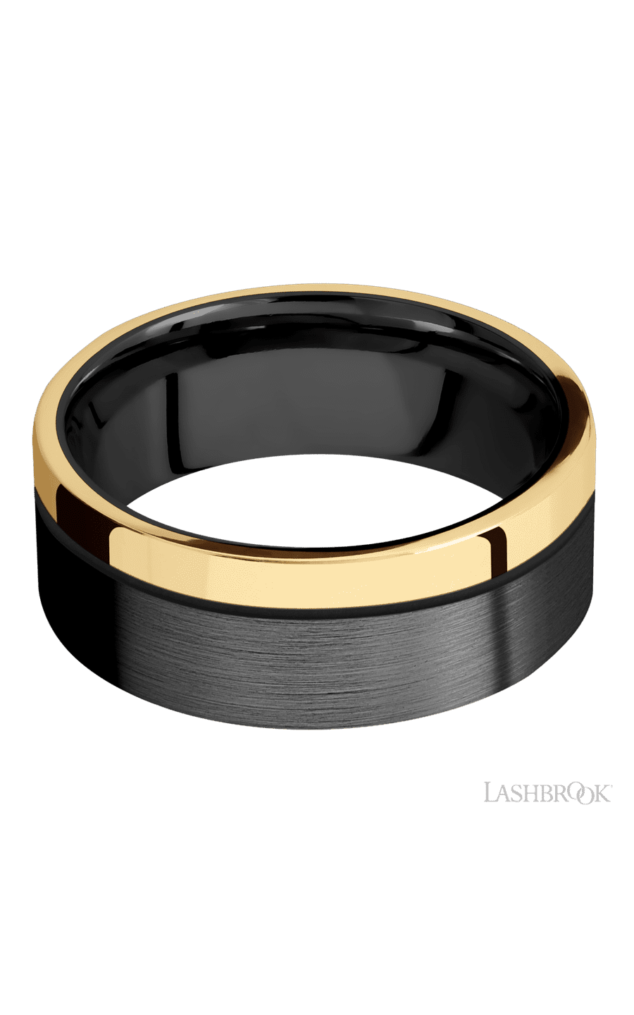 8 mm wide/Flat/Zirconium band with one 2 mm Off Center Edge inlay of 14K Yellow Gold. - NAGI