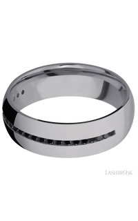 7 mm wide/Domed/Tantalum band with a Half Eternity arrangement of .015 carat Round Black Diamond stones in a Channel setting.