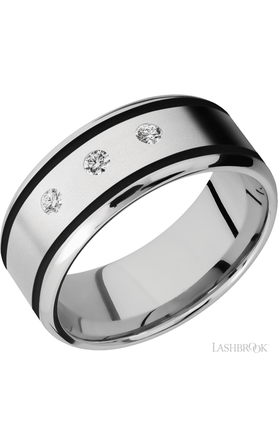 9 mm wide/Beveled/Cobalt Chrome band with  two 1 mm Wide inlays of Black and featuring an  arrangement of 3, .05 carat Round Diamond stones in a Flush setting - NAGI