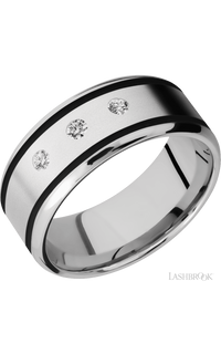 9 mm wide/Beveled/Cobalt Chrome band with  two 1 mm Wide inlays of Black and featuring an  arrangement of 3, .05 carat Round Diamond stones in a Flush setting