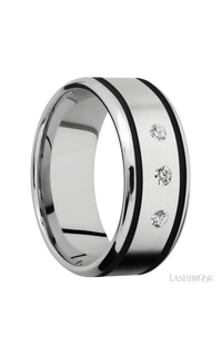 9 mm wide/Beveled/Cobalt Chrome band with  two 1 mm Wide inlays of Black and featuring an  arrangement of 3, .05 carat Round Diamond stones in a Flush setting - NAGI