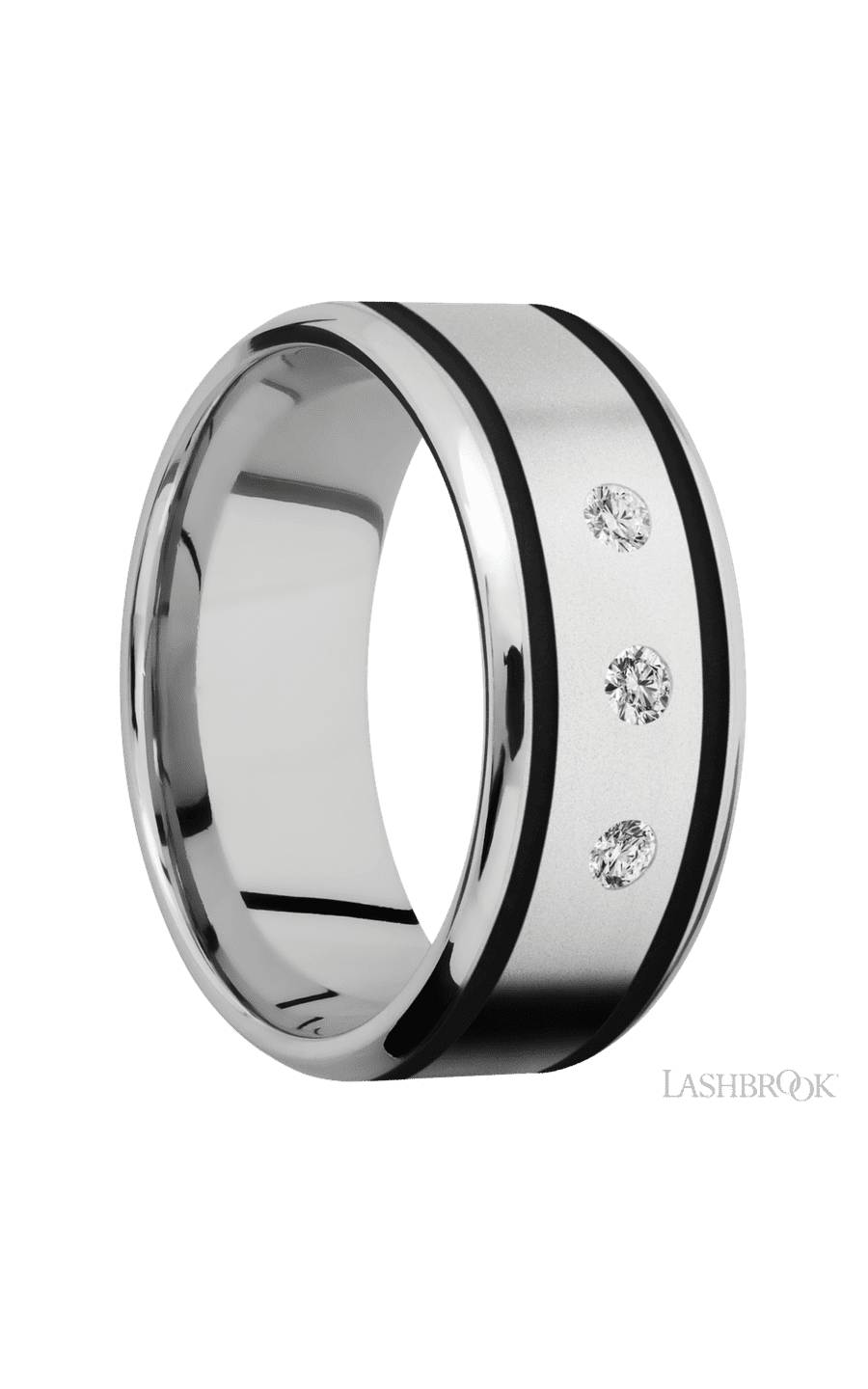 9 mm wide/Beveled/Cobalt Chrome band with  two 1 mm Wide inlays of Black and featuring an  arrangement of 3, .05 carat Round Diamond stones in a Flush setting - NAGI