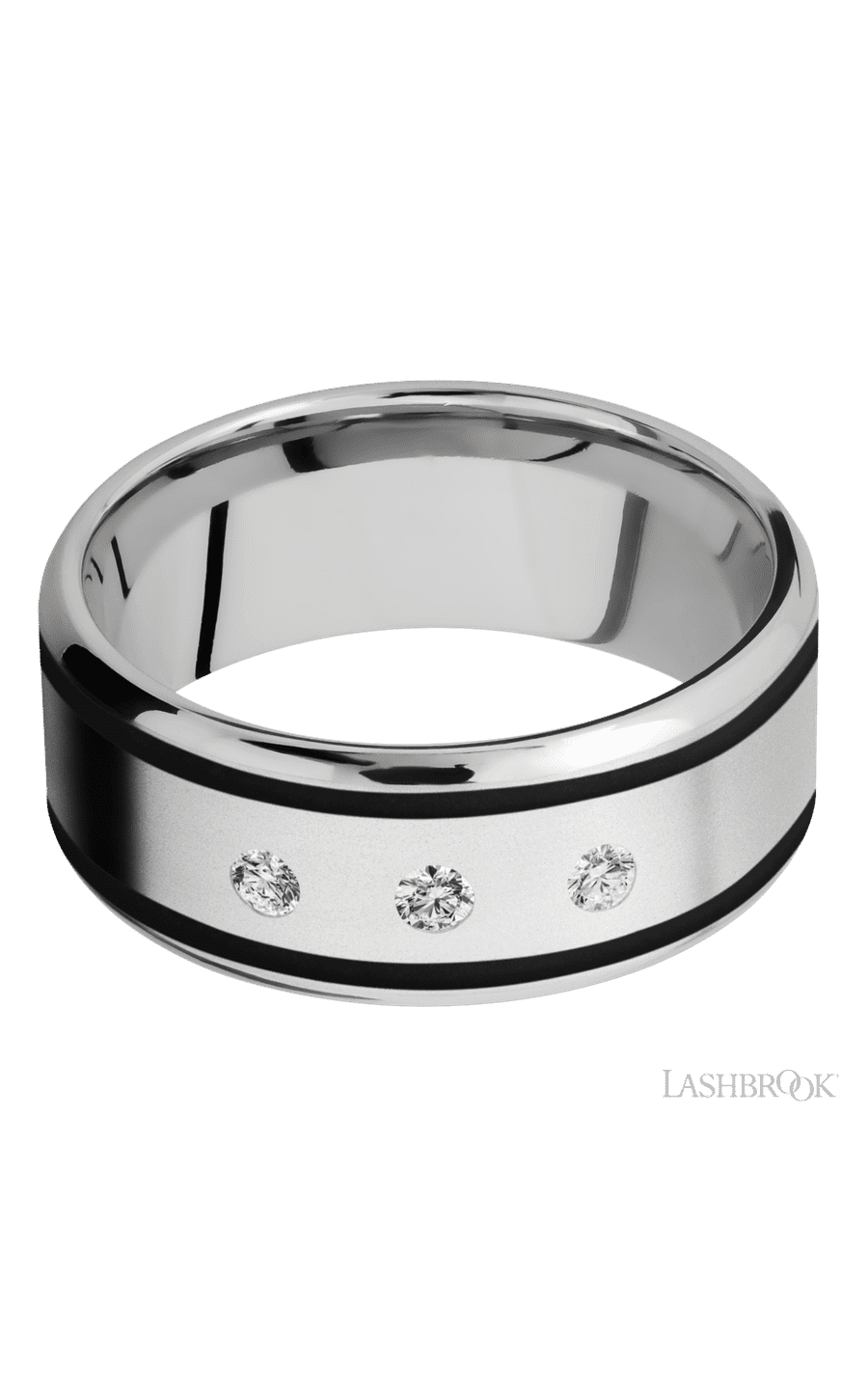 9 mm wide/Beveled/Cobalt Chrome band with  two 1 mm Wide inlays of Black and featuring an  arrangement of 3, .05 carat Round Diamond stones in a Flush setting - NAGI