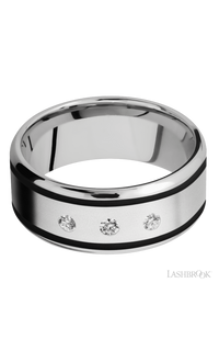 9 mm wide/Beveled/Cobalt Chrome band with  two 1 mm Wide inlays of Black and featuring an  arrangement of 3, .05 carat Round Diamond stones in a Flush setting