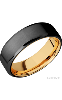 7 mm wide Beveled Zirconium band featuring a 14K Yellow Gold sleeve.