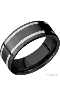8 mm wide/Flat/Zirconium band with two 1 mm Wide inlays of 14K White Gold.